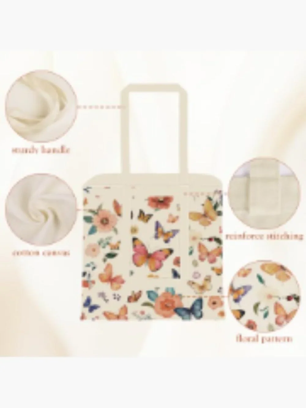 Canvas Tote Bag with Zipper Pocket - Butterfly Floral Reusable Shopping Bag